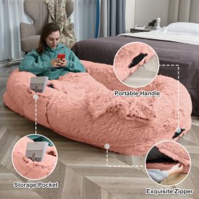 Human Dog Bed - 63 In X 31.4 In X 9.5 In Washable Faux Fur Lounger For Adults & Pets, Cushion With Orthopedic Support, Includes Pillow & Blanket (Option: PINK)